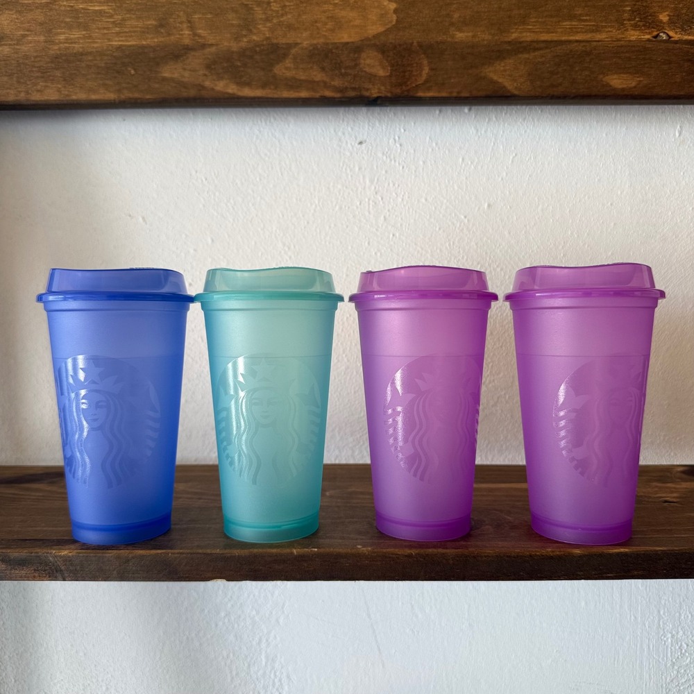 Lot of 4 Starbucks Reusable Plastic Hot Cups 16oz Purple Blue Green w/ Lids